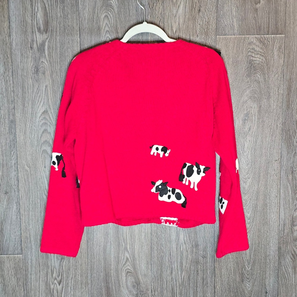 Michael Simon Cow Print Beaded Cardigan Medium Red Womens Vintage 1998 Sweater - Picture 3 of 11
